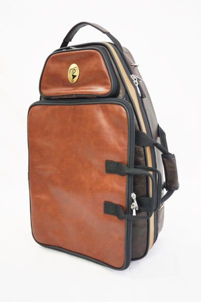 Cover in aged caramel and aged coffee custom leather and metal logo