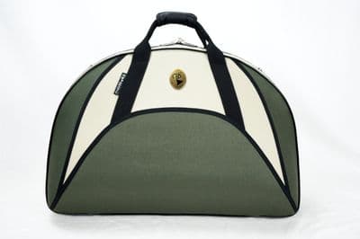 Capa em nylon verde musgo e bege com logo de metal
