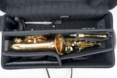 Case with detail of the alto saxophone