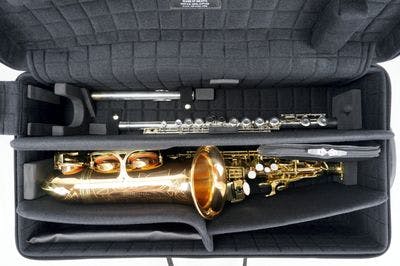 Case with alto saxophone and flute