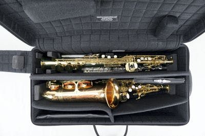 Case with alto and soprano saxophone